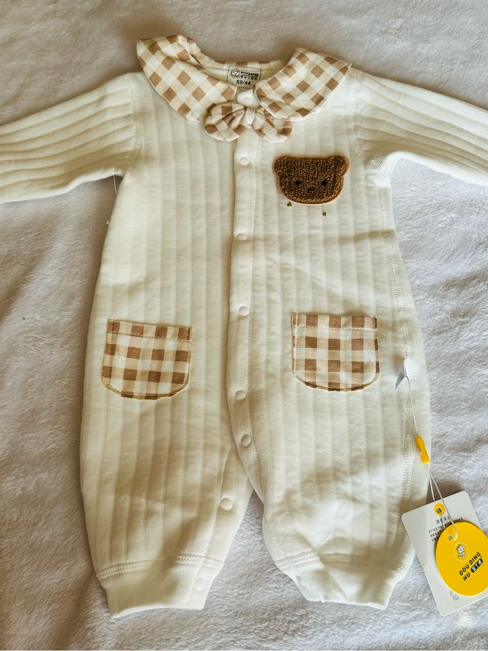 Cream Baby Footie with Tan Gingham Trim and Bear Patch